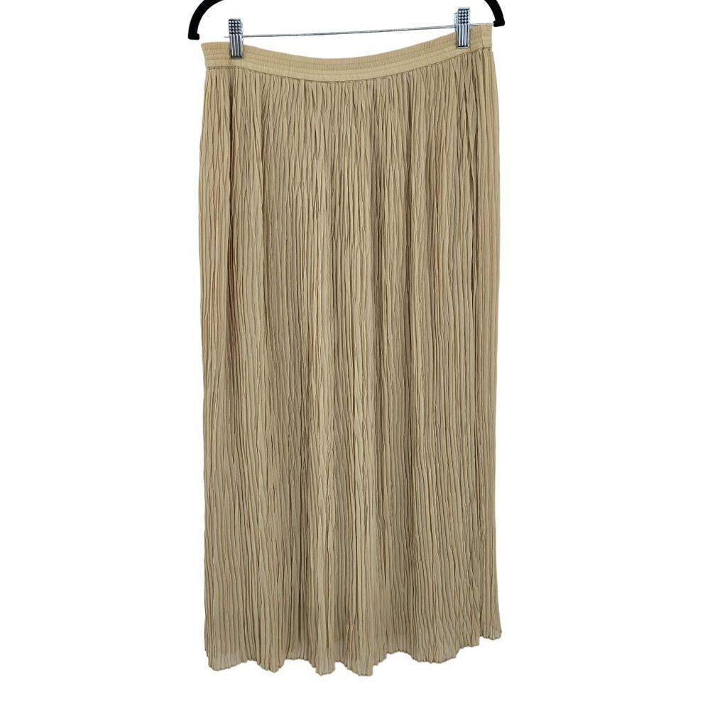 Vintage 80's Liz Sport Maxi Skirt S Beige Tan Crinkle Pleated Full Elastic Waist